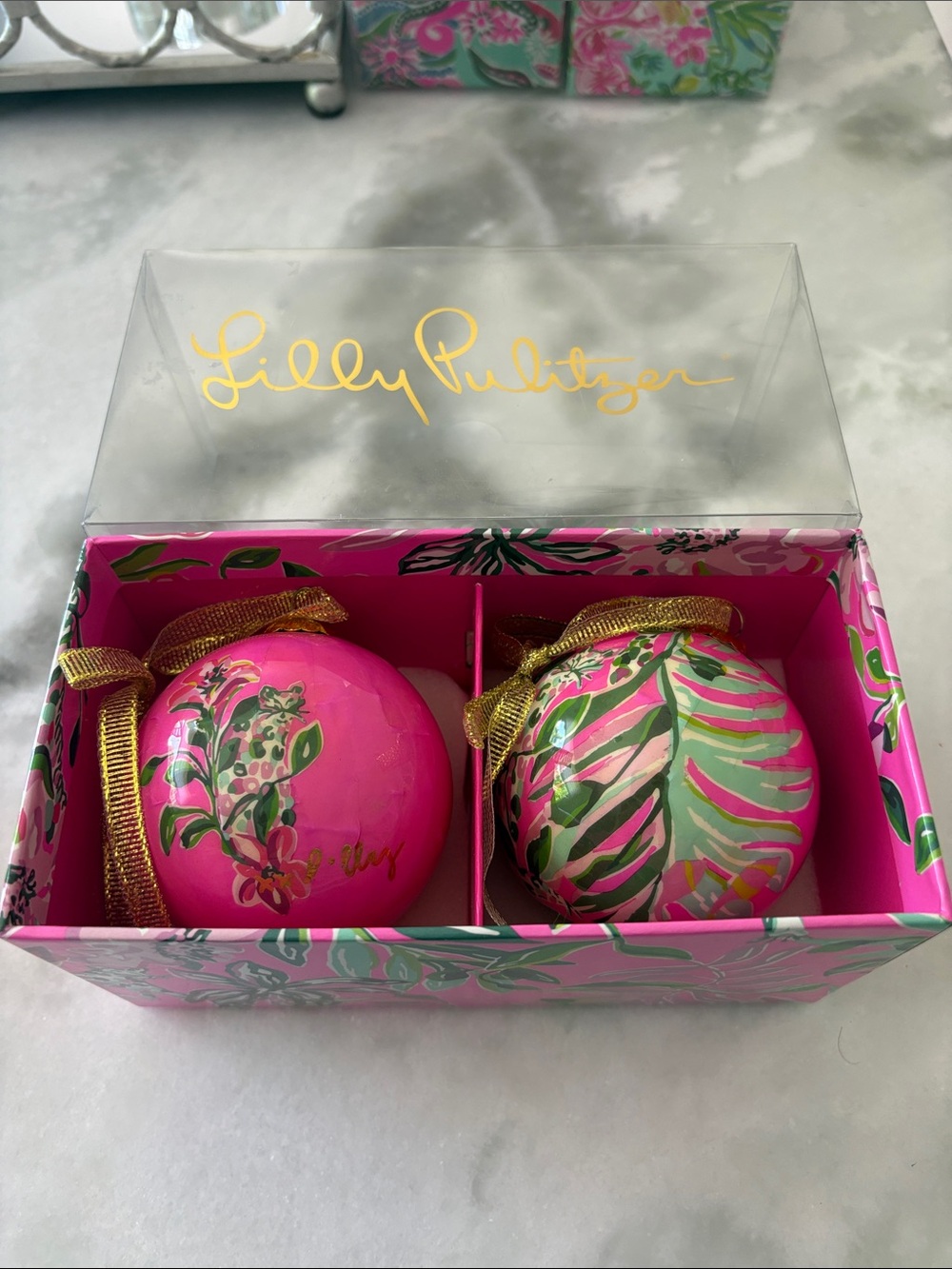 Lilly Pulitzer Pink Tropical Floral Ornament Duo